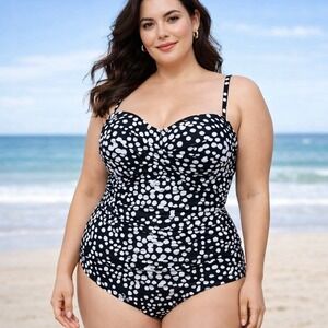 Catalina Retro‎ Black White Polka Dot Ruched One Piece Swimsuit Plus Size 16/18